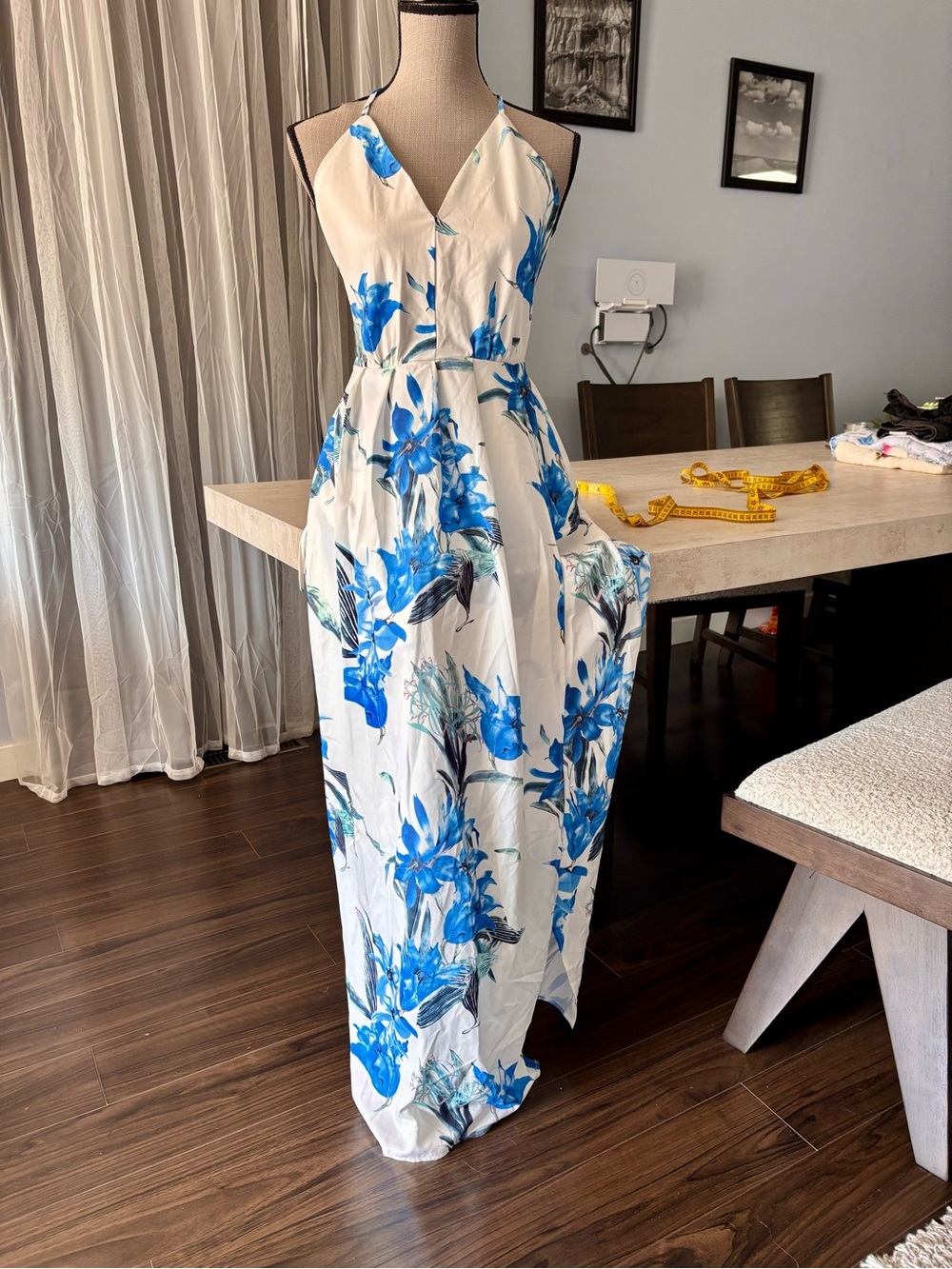 Simplee Apparel White Maxi Dress with Blue Floral Print
